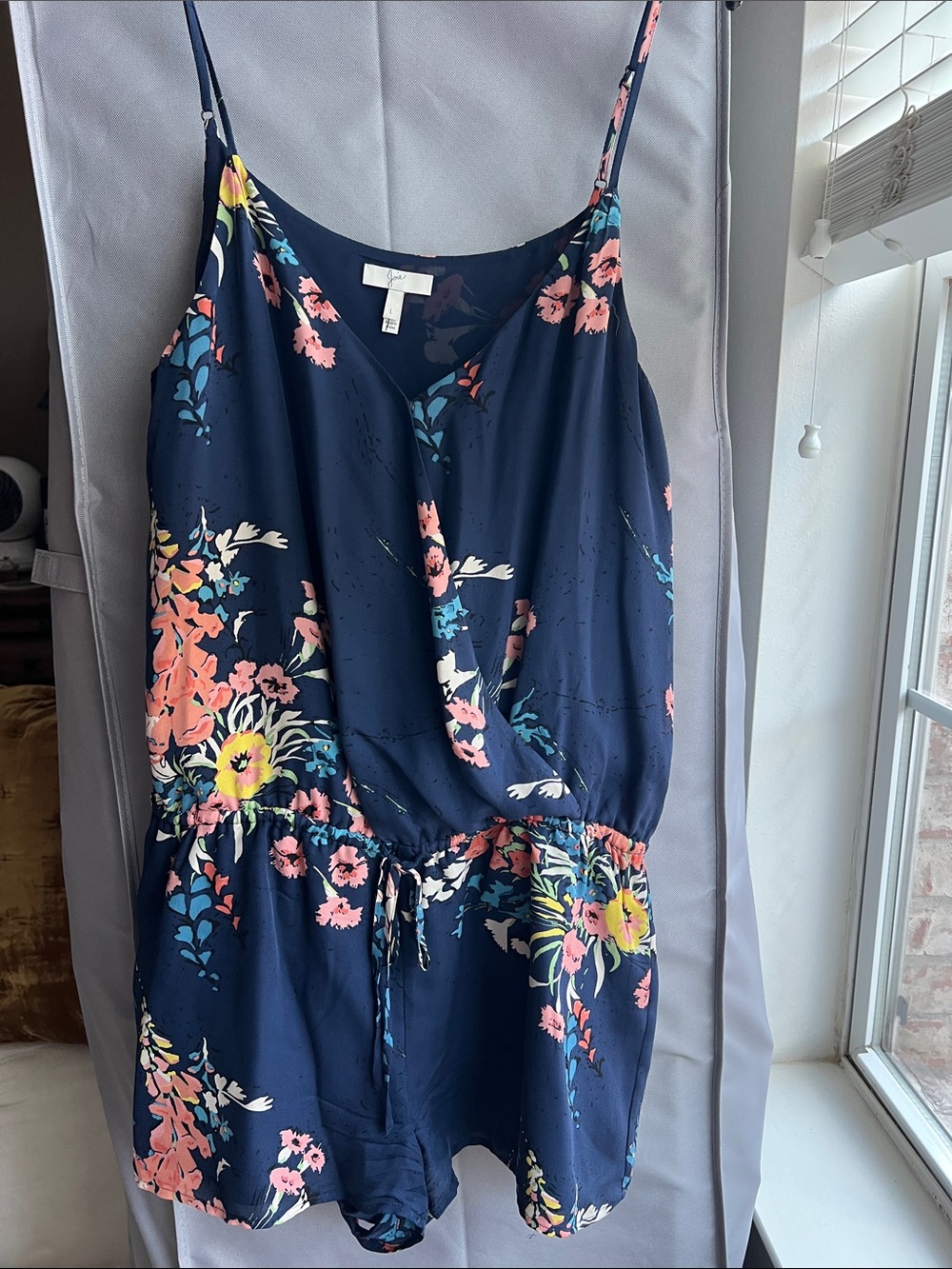 Joie Navy Floral Blouse with Coral and Teal Accents